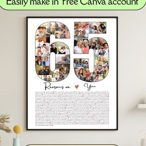 65 Reasons We Love You Editable Template 65th Birthday Gift For Grandparents Custom Photo Collage Picture Frame Printable Gift For Dad Mom