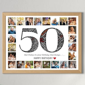 Benutzerdefinierte 50. Geburtstag Fotocollage Vorlage Personalisierte 50. Geburtstag Geschenk für Frauen Mann Wort Kunst Drucksachen