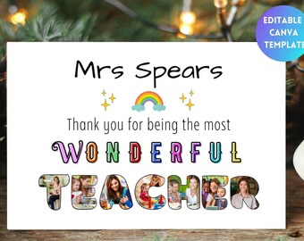 Peut inclure: Une carte imprimable avec un design arc-en-ciel et des étoiles. Le texte dit "Mme Spears Merci d'être la plus MER veilleuse PROFESSEURE". Les lettres du mot "PROFESSEURE" sont remplies de photos d'enfants.