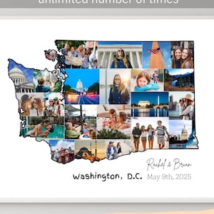 Modèle personnalisé de collage photo de Washington, carte de l'État de Washington personnalisée, cadeau d'art mural pour hommes, femmes, États-Unis, carte de voyage avec collage en forme d'état de Washington