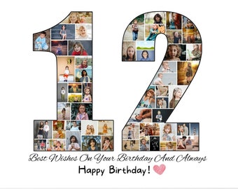 Custom 12th Birthday Photo Collage Template Personalized 12th Picture Collage Birthday Gift for Girl Boy Printable Poster Party Decorations
