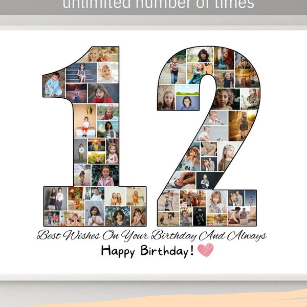 Custom 12th Birthday Photo Collage Template Personalized 12th Picture Collage Birthday Gift for Girl Boy Printable Poster Party Decorations