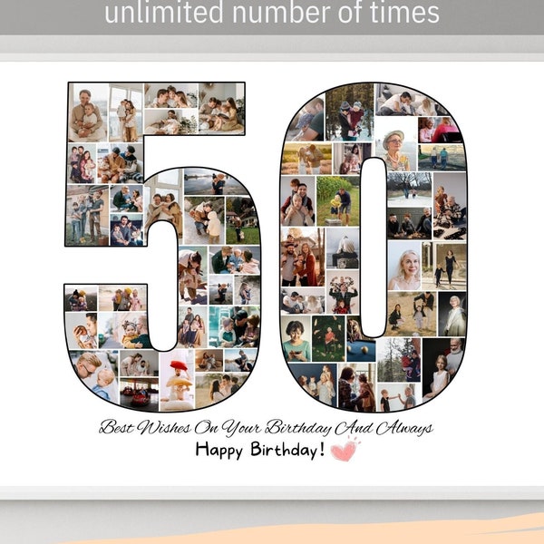 Custom 50th Birthday Photo Collage Template Personalized 50 Birthday Gift for Women Gift for Him Husband Photo Gifts for Mom Picture Collage