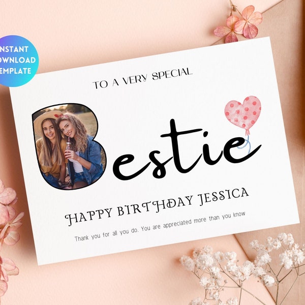 Personalized Bestie Birthday Card Printable Template Editable Photo Collage Greeting Card for Best Friend Birthday Gift for her 5x7 4x6 Card