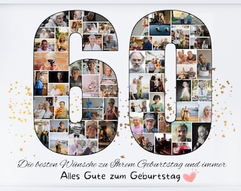 Sechzig Geburtstag, Custom 60 Geburtstagsfotocollage, personalisierte 60 Bildcollage Vorlage, Bearbeitbare Nummer Collage Jubiläumsgeschenk