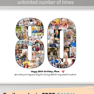 Custom 80th Birthday Photo Collage Template Personalized 80 Years Old Birthday Photo Gift for Men or Women 80th Birthday Poster Printable