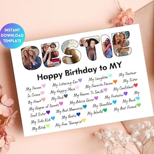 Plantilla de tarjeta de cumpleaños personalizada BESTIE Tarjeta de felicitación con foto imprimible para la mejor amiga Tarjeta de cumpleaños de la hermana del alma para su amiga
