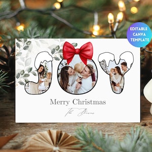 Modello modificabile di biglietto di Natale JOY stampabile Biglietti di Natale con foto Biglietto di Natale personalizzato Buon Natale Biglietti di Natale invernali per le feste felici