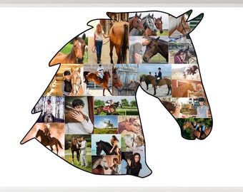 Custom Horse Photo Collage Template, Personalized Horse Gift, Horse Head Shape Canva Template, 26 Pictures, Horse Decor, Horse Print