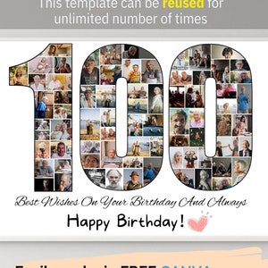 Custom 100th Photo Collage Template Personalized 100th Birthday Gift Picture Collage Gift for Grandma Grandpa Birthday Gift for Women Men