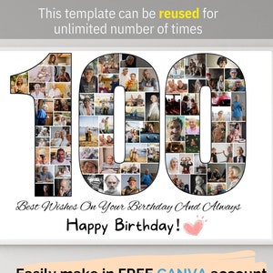 Modelo de colagem de fotos personalizado do 100º aniversário, presente personalizado de colagem de fotos para avó, avô, presente de aniversário para mulheres e homens
