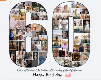 Modèle personnalisé de collage photo pour 60e anniversaire, cadeau d'anniversaire imprimable 1964 personnalisé pour maman, papa, collage photo pour homme femme, grand-mère