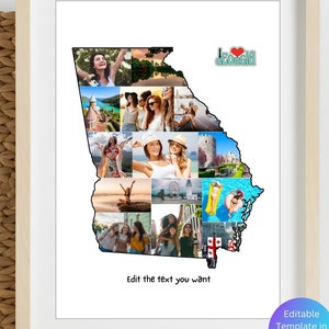 Plantilla de collage de fotos de mapa de Georgia personalizado Mapa de viaje personalizado con imágenes Impresión de arte de pared de mapa de Georgia para imprimir Póster del estado de EE. UU.