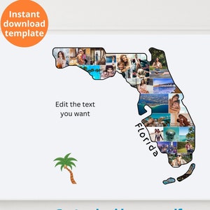Plantilla de collage de fotos de mapa de Florida personalizado Mapa de viaje personalizado con imágenes Impresión de arte de pared de mapa de Florida imprimible Póster del estado de EE. UU.