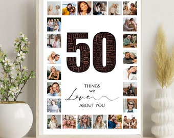 50 Coisas Que Amamos em Você - Modelo de Colagem com Arte em Palavras - Presente Personalizado para Aniversário de 50 Anos - Colagem de Fotos - Presente de Natal - Presentes Imprimíveis para Pai e Mãe