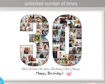 Custom 30th Birthday Photo Collage Template Personalized 30th Birthday Gift for Her Gift for Girlfriend Wife 30 Year Old Gift for Boyfriend