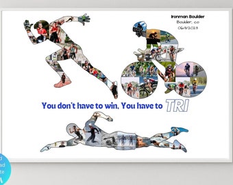 Personalized Triathlon Photo Collage Template Custom Triathlon Gift Swimming Running Cycling Poster Swim Bike Run Decor Ironman Art Print