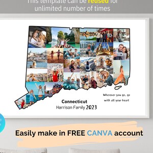 Benutzerdefinierte Conneticut Map Photo Collage Template Personalisierte Reisekarte mit Bildern zum Ausdrucken