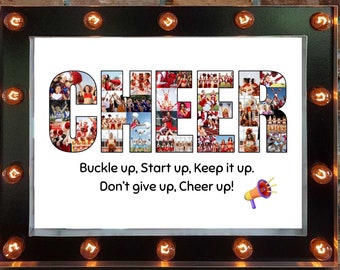 May include: A framed print featuring a collage of cheerleaders forming the word "CHEER". The print includes the text "Buckle up, Start up, Keep it up. Don't give up, Cheer up!" and a megaphone icon. The text below the image reads "One purchase = UNLIMITED TIME to use = Gift for different people = Sets of different photos."