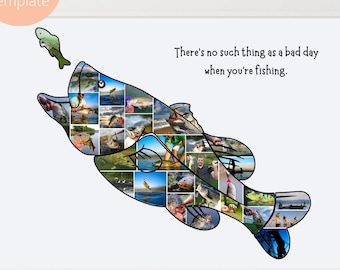 May include: A framed print with a fish-shaped collage of fishing photos. A small fish leaps towards a larger one. The text says, "There's no such thing as a bad day when you're fishing." and "Customized by yourself Don't need to wait."