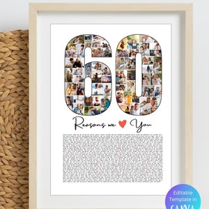 May include: A printable 60th birthday photo collage template with a white background. The number 60 is made up of photos and the text "Reasons we love you" is below the number. The template is editable in Canva.
