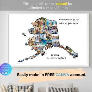 Benutzerdefinierte Alaska Karte Foto Collage Vorlage Personalisierte Reise Karte mit Bildern Druckbare Alaska Karte Wand Kunst USA Zustand Poster