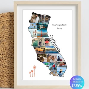Plantilla de collage de fotos con mapa de California personalizado, imágenes de mapas de viaje personalizados, arte mural del estado de California imprimible, impresión de EE. UU., mapa de viaje de EE. UU.