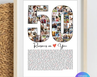 50  Reasons We Love You Editable Template For Father's Day Custom 50th Birthday Photo Collage Thanksgiving Day Printable Gifts For Dad Papa