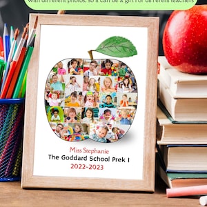 Może przedstawiać: Drukowany szablon na prezent dla nauczyciela. Szablon przedstawia czerwone jabłko z zielonym liściem, wypełnione zdjęciami dzieci. Tekst "Miss Stephanie The Goddard School Prek I 2022-2023" jest wydrukowany pod jabłkiem.