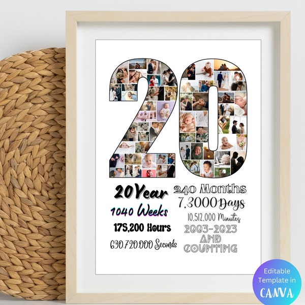 Custom 20th Anniversary Photo Collage Template Personalized 20th Wedding Anniversary Gift for Husband Wife 20 Year China Anniversary Present