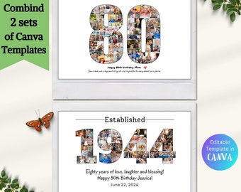 Set of 2 Custom 80th Birthday Photo Collage Templates Personalized 1944 Printable Birthday Gift for Mom Dad 80 Year-Old Grandma Grandpa Gift