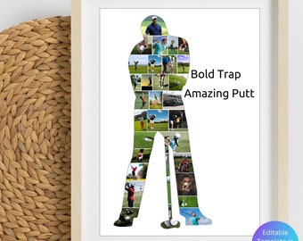 May include: A silhouette of a golfer made of multiple photos of golfers. The text "Bold Trap Amazing Putt" is below the silhouette. The image is framed in a light wood frame.
