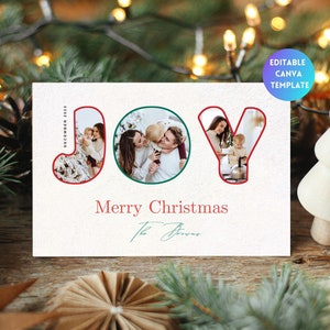 Modello di collage fotografico modificabile con biglietti di auguri di Natale JOY stampabili Biglietti di auguri di Natale personalizzati Biglietti di auguri di Natale carini digitali con buone feste