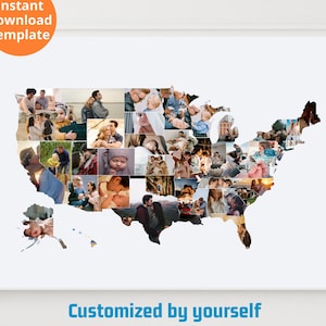 Benutzerdefinierte USA Karte Fotocollage bearbeitbare Vorlage Personalisierte 50 Staaten Bildcollage Karte Druckbare Reisekarte Wandkunst Drucke Poster Geschenke