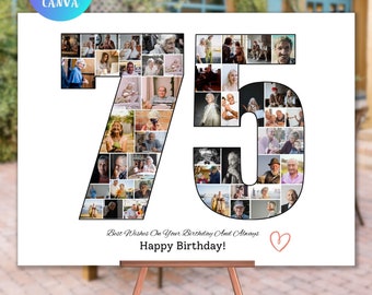 Custom 75th Photo Collage Template Personalized 75 Year Old Birthday Gift for Men Women Picture Collage Printable Photo Gift for Mom Dad