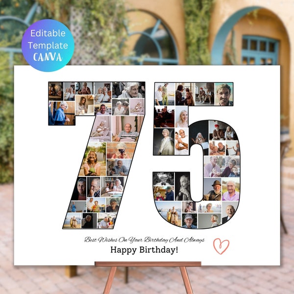 Custom 75th Photo Collage Template Personalized 75 Year Old Birthday Gift for Men Women Picture Collage Printable Photo Gift for Mom Dad