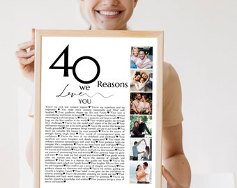 40 redenen waarom we van je houden bewerkbare sjabloon Canva 40e verjaardagscadeau voor huwelijksverjaardag aangepaste fotocollage afdrukbaar cadeau voor echtgenoot