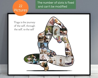 May include: A white poster with a black outline of a person in a yoga pose. The outline is filled with 22 smaller images of people doing yoga. The text "Yoga is the journey of the self, through the self, to the self" is at the top of the poster. The text "22 Pictures" is in a circle at the top left corner of the poster. The text "The number of slots is fixed and can't be modified" is at the top right corner of the poster.