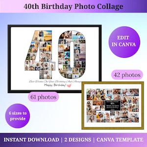 Modelo de colagem de fotos de 40º aniversário personalizado, presente de 40º aniversário personalizado para ele, pôster de 40º aniversário dela, quadro de 40º aniversário número 40