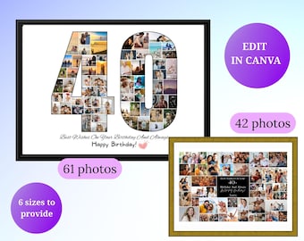 Modello di collage fotografico personalizzato per il 40° compleanno, regalo personalizzato per il 40° compleanno per lui e per lei, poster per il 40° compleanno, numero 40 del tabellone per il 40° compleanno