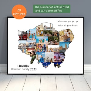 Plantilla de collage de fotos con mapa de Londres personalizado Mapa de viaje personalizado con imágenes Impresión de arte de pared con mapa de Londres imprimible Póster de ciudad de Inglaterra