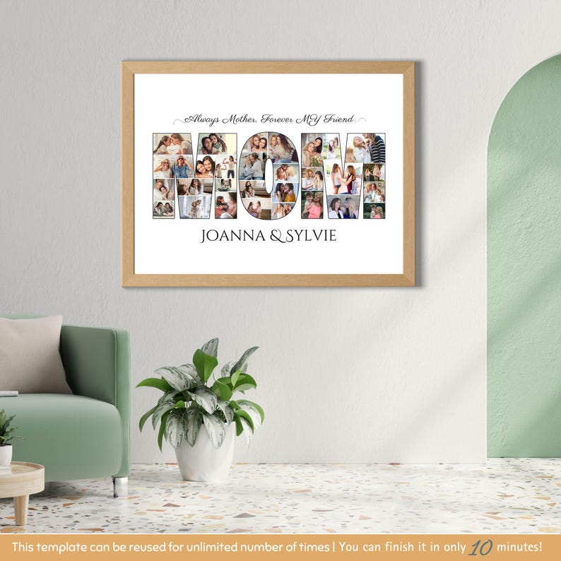 K&ouml;nnte beinhalten: Ein gerahmtes Foto-Collage, das "MOM" mit Fotos von Menschen buchstabiert. Der Text "Always Mother, Forever My Friend" befindet sich &uuml;ber dem Collage und der Text "JOANNA & SYLVIE" befindet sich unter dem Collage.