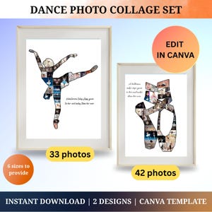 Op de afbeelding: Een dansfotocollageset met twee ingelijste prints. Eén print toont een ballerina-silhouet, de andere een balletschoen. Elk is samengesteld uit meerdere foto's. De set bevat respectievelijk 33 en 42 foto's. De tekst zegt 'Edit in Canva'.