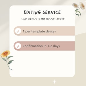 May include: A beige graphic with the text "EDITING SERVICE" and "(ADD-ON ITEM TO ANY TEMPLATE ORDER)". It includes two bullet points: "1 per template design" and "Confirmation in 1-2 days". Floral accents decorate the corners.