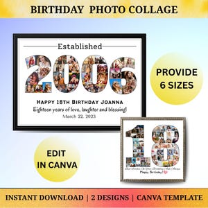 Conjunto personalizado de plantillas de collage de 18 cumpleaños (2006+) Regalo de 18 cumpleaños para niñas, hijas, regalo personalizado para niños y hijos. Establecido en 2006.