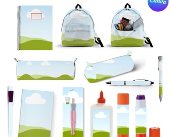 Paquete de plantillas de maquetas de útiles escolares, paquete de regreso a clases, maqueta de mochila, plantilla de cuaderno Canva, maqueta de pegamento para bolígrafo, marco de brújula