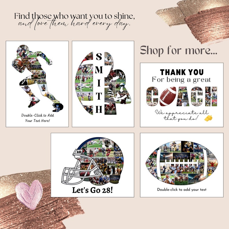 K&ouml;nnte beinhalten: Eine Sammlung von Kunstdrucken zum Thema Football. Designs umfassen eine Spielersilhouette, eine Collage in Footballform, einen Helm und eine Collage, die einen Namen buchstabiert. Text enth&auml;lt "Thank You For being a great COACH".