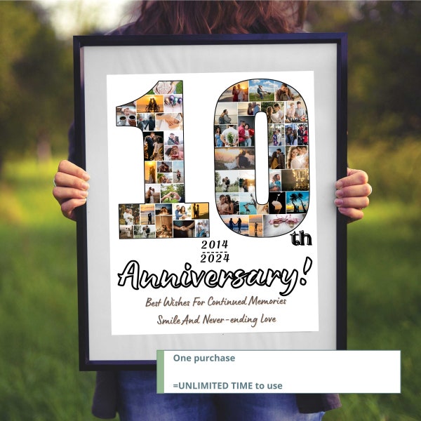 Custom 10th Anniversary Photo Collage Template Personalized 10 Year Anniversary Gift for Wife Husband Since 2014 Tenth Wedding Gift for Him