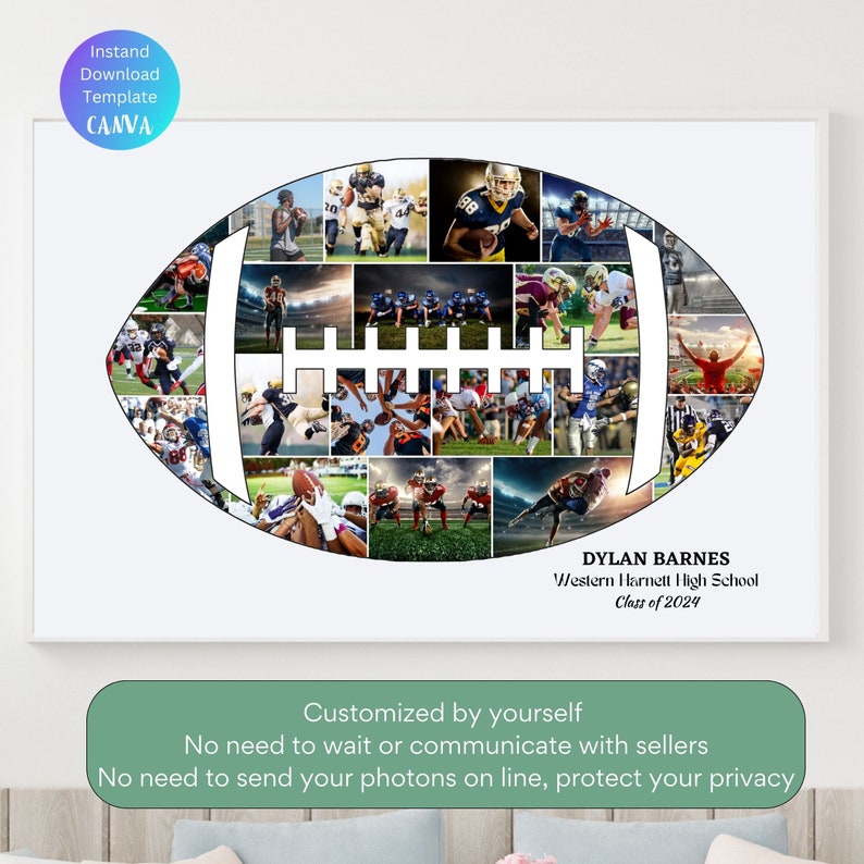K&ouml;nnte beinhalten: Eine fu&szlig;ballf&ouml;rmige Collage mit Actionaufnahmen von Footballspielern. Das Design enth&auml;lt den Text "DYLAN BARNES Western Harnett High School Class of 2024". Der Text "Instand Download Template CANVA" ist ebenfalls enthalten.