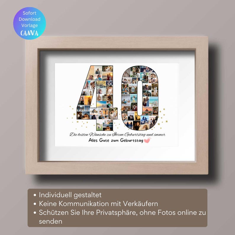 Puede incluir: Un marco de fotos blanco con un borde dorado, que presenta un collage de fotos del n&uacute;mero 40 hecho con fotos m&aacute;s peque&ntilde;as. El texto "Die besten Wunsche zu Ihrem Geburtstag und immer Alles Gute zum Geburtstag" est&aacute; impreso debajo del collage.